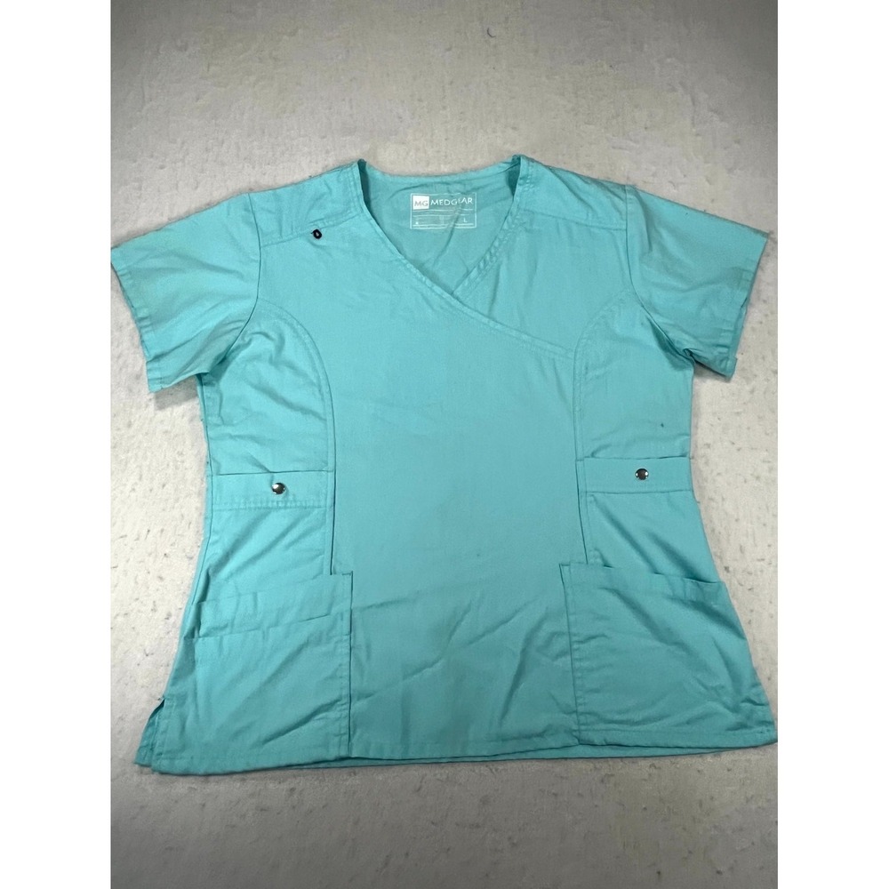 MedGear Scrub Top Womens Large‎ Aqua Stretch Medical Uniform Modern Workwear